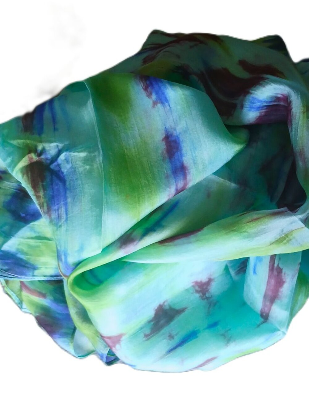 Silk Scarf by Signals Blue, Green, Plum tie dye pattern 70 X 20 inch